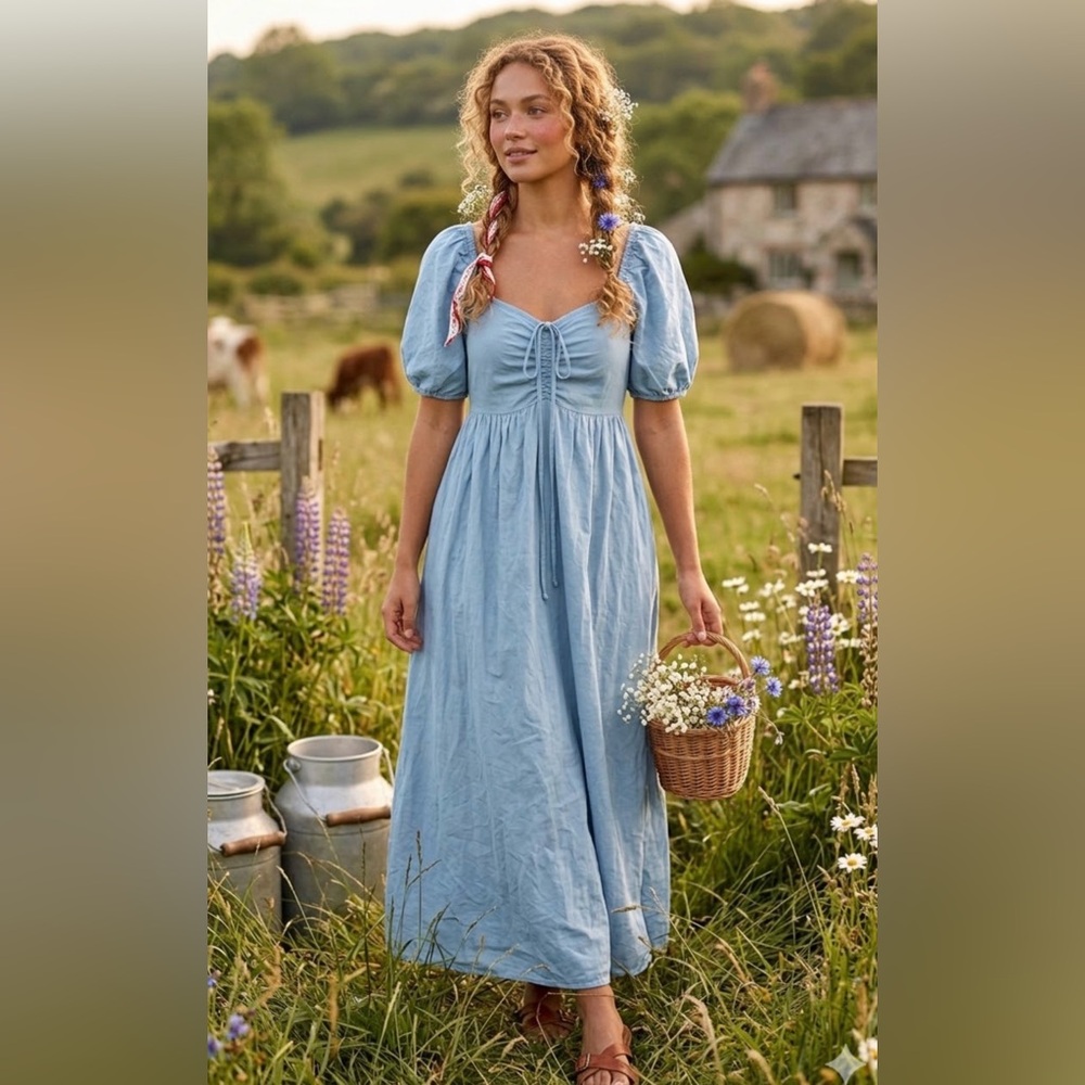 Sim & Sam Coquette Milkmaid Puff Sleeve Maxi Dress Size XS Festival Boho Peasant